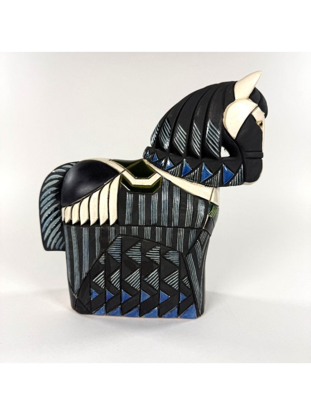 Artesania Rinconada Horse Figurine 8.5" Handcrafted Ceramic Black Blue White Uru